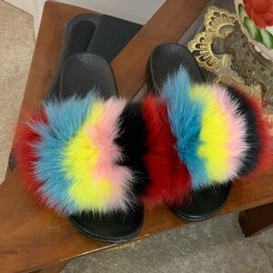 Fur Slides Multicolor Indoor Outdoor Comfy Sandals Size 11